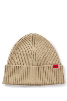 Virgin-wool beanie hat with red logo, Beige