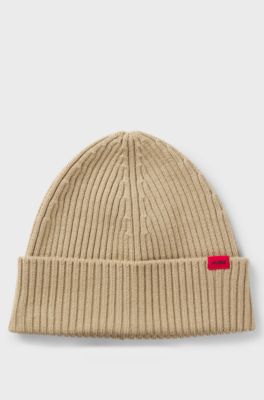 Virgin-wool beanie hat with logo label, Beige