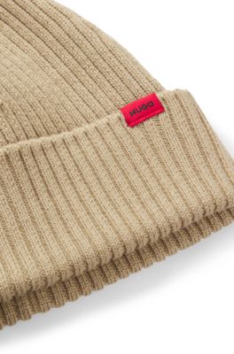 Virgin-wool beanie hat with red logo, Beige
