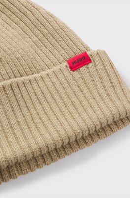 Virgin-wool beanie hat with red logo, Beige