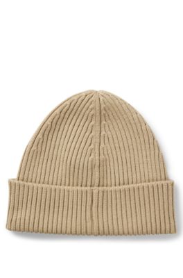 Virgin-wool beanie hat with red logo, Beige