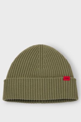 Virgin-wool beanie hat with logo label, Green