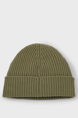 Virgin-wool beanie hat with logo label, Green