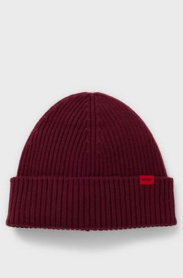Virgin-wool beanie hat with red logo, Dark Red