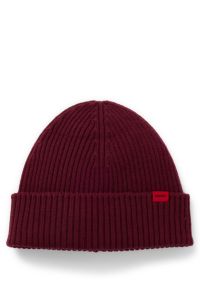 Virgin-wool beanie hat with red logo, Dark Red