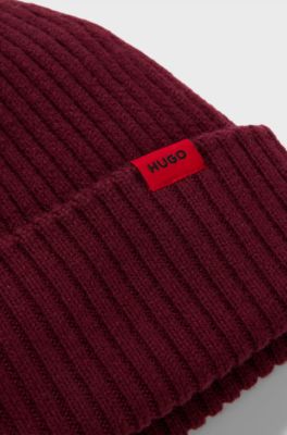 Virgin-wool beanie hat with red logo, Dark Red