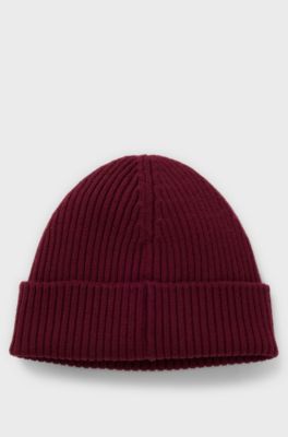 Virgin-wool beanie hat with logo label, Dark Red