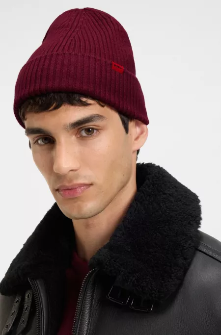 Virgin-wool beanie hat with red logo