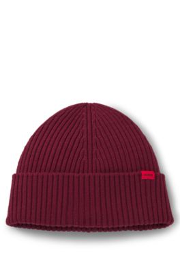 Virgin-wool beanie hat with logo label, Dark pink