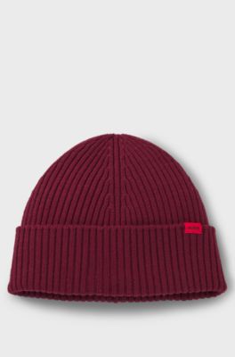 Virgin-wool beanie hat with logo label, Dark pink