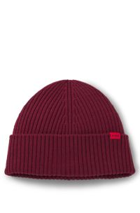 Virgin-wool beanie hat with logo label, Dark pink