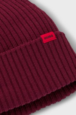 Virgin-wool beanie hat with logo label, Dark pink