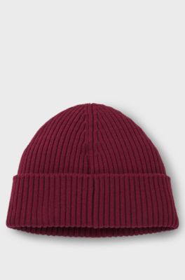 Virgin-wool beanie hat with logo label, Dark pink
