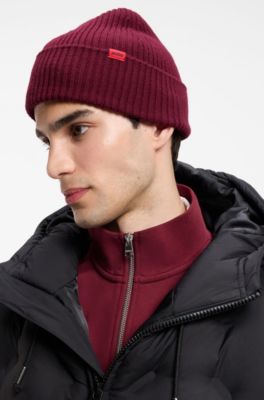 Virgin-wool beanie hat with logo label, Dark pink
