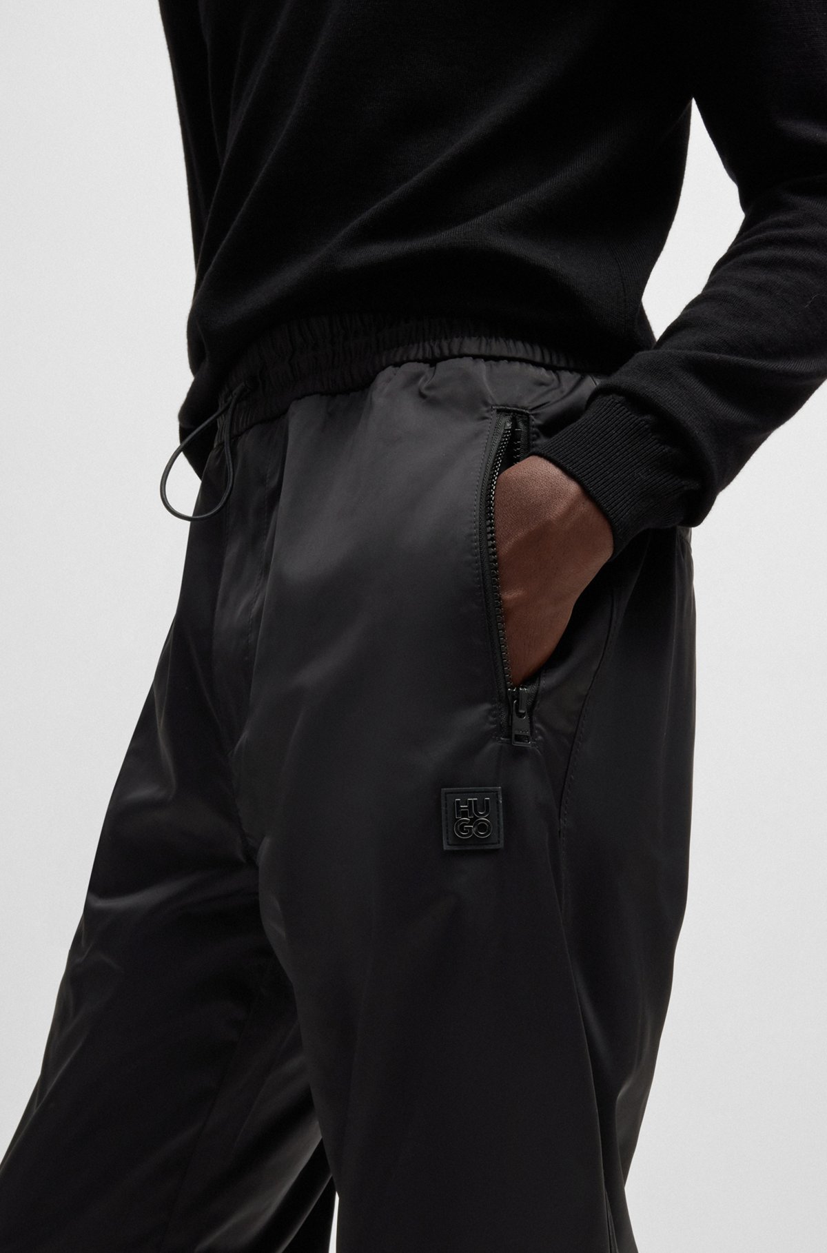 HUGO - Regular-fit trousers in water-repellent satin - Black HUGO - Regular-fit trousers in water-repellent satin - Black