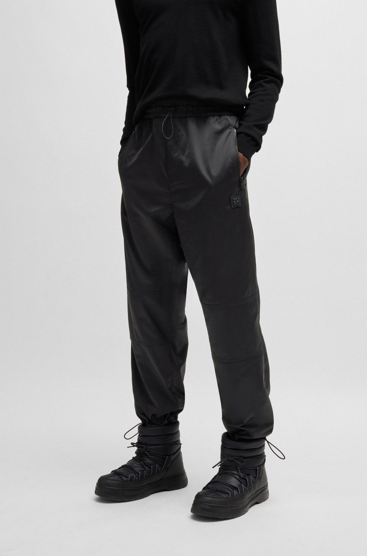 HUGO - Regular-fit trousers in water-repellent satin - Black HUGO - Regular-fit trousers in water-repellent satin - Black
