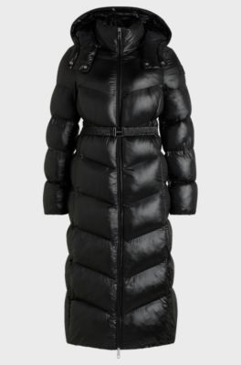 Water-repellent puffer jacket with logo belt, Black