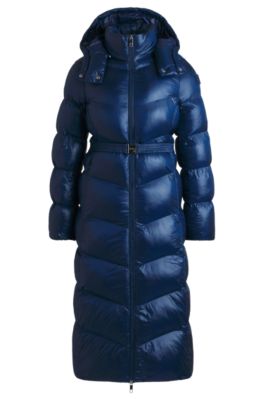 Water-repellent puffer jacket with logo belt, Blue