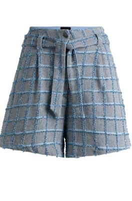 BOSS Cotton blend tweed paperbag shorts with denim check