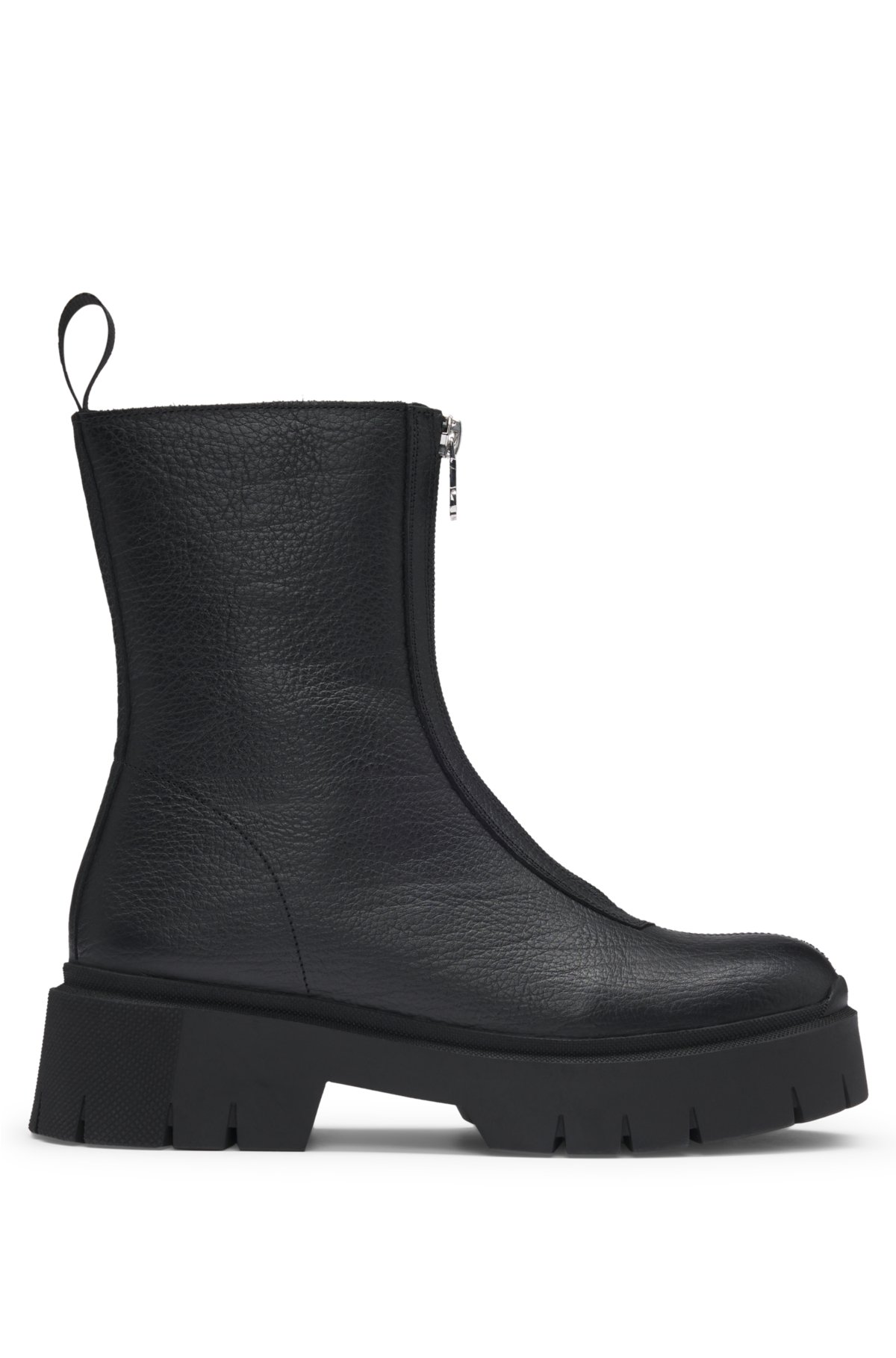 Ankle boots in tumbled leather with front zip, Black