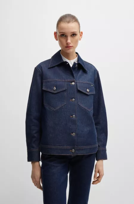 Blue trucker jacket in comfort-stretch denim