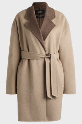 Italian-made belted coat in a wool-cashmere blend, Light Brown