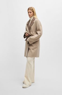 Italian-made belted coat in a wool-cashmere blend, Light Brown