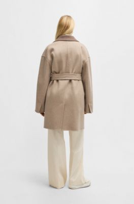 Italian-made belted coat in a wool-cashmere blend, Light Brown