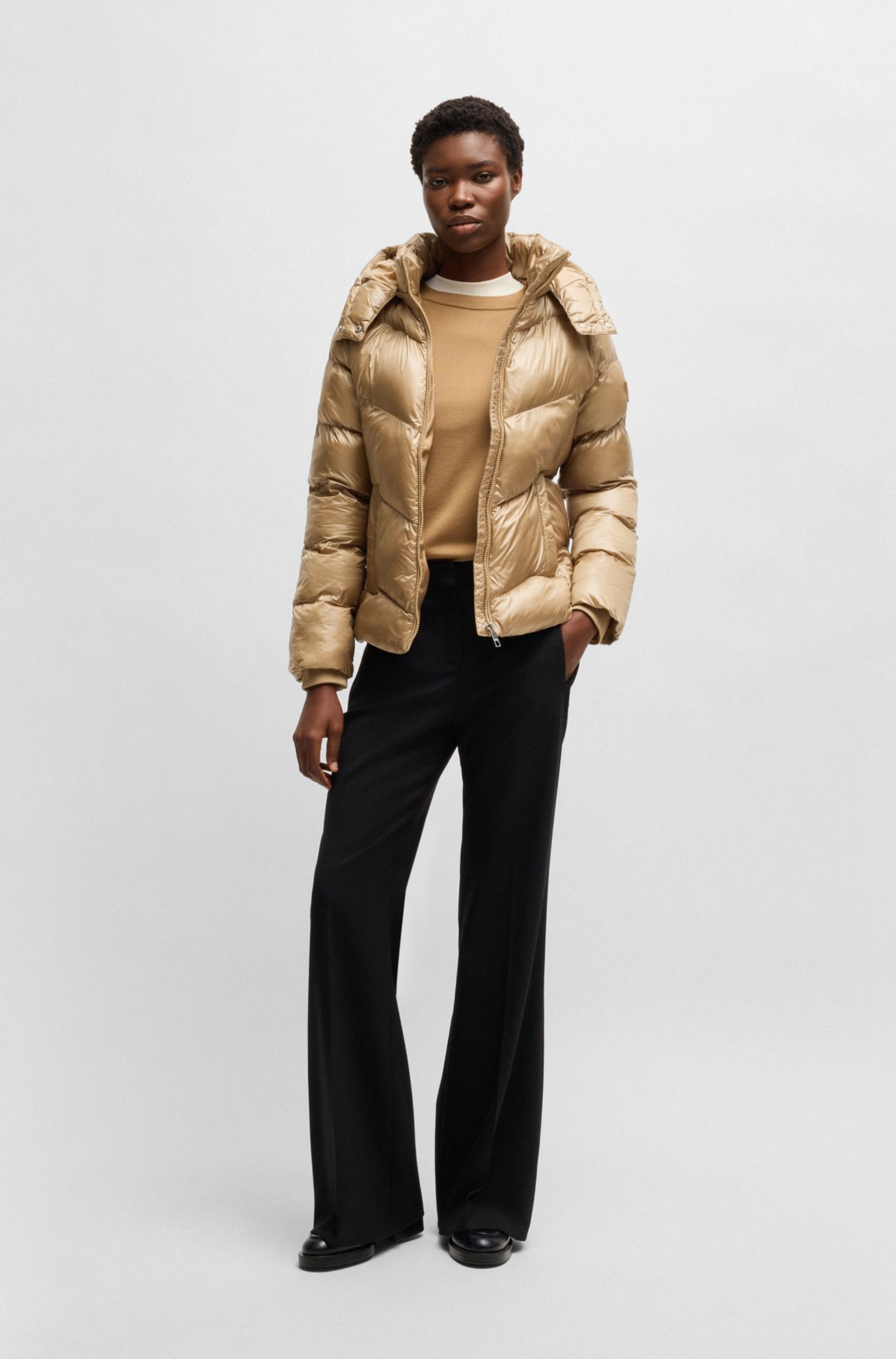 Water-repellent padded jacket with adjustable hood, Beige