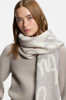 Wool-blend scarf with logo jacquard, Light Grey