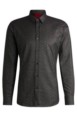 Shop Hugo Extra-slim-fit Shirt In A Logo-jacquard Cotton Blend In Black