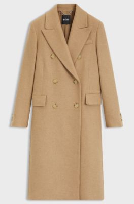 Long-length twill coat with double-breasted closure, Beige