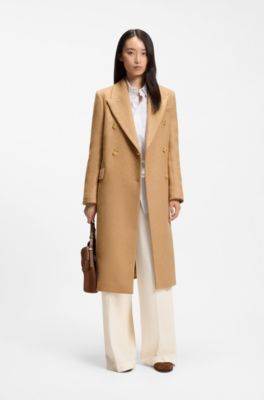 Long-length twill coat with double-breasted closure, Beige