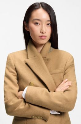 Long-length twill coat with double-breasted closure, Beige