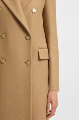 Long-length twill coat with double-breasted closure, Beige