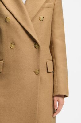 Long-length twill coat with double-breasted closure, Beige