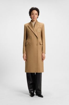 Long-length twill coat with double-breasted closure, Beige