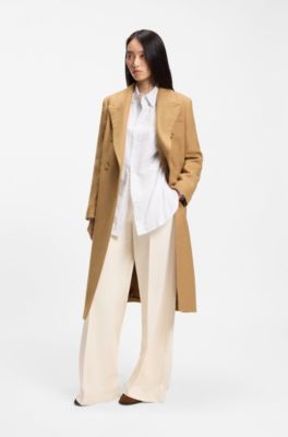 Long-length twill coat with double-breasted closure, Beige