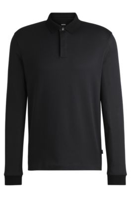 Long-sleeved polo shirt in cotton with concealed placket, Black