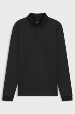 Long-sleeved polo shirt in cotton with concealed placket, Black