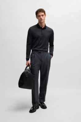 Long-sleeved polo shirt in cotton with concealed placket, Black