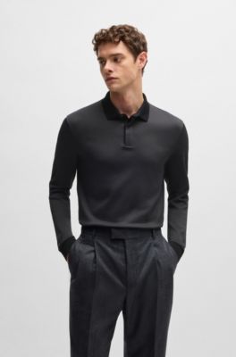 Long-sleeved polo shirt in cotton with concealed placket, Black