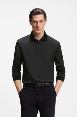 Long-sleeved polo shirt in cotton with concealed placket, Black