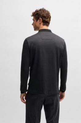 Long-sleeved polo shirt in cotton with concealed placket, Black
