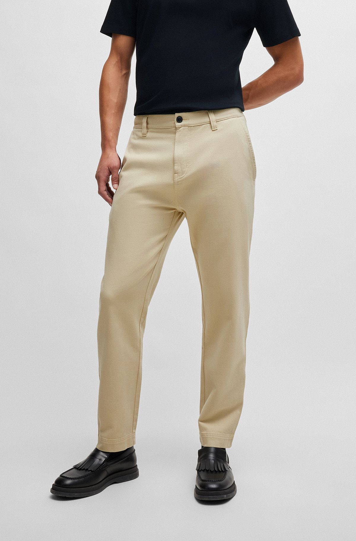 Tapered-fit regular-rise trousers in cotton twill, Light Beige