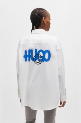 Oversized-fit blouse with graffiti-style logos, White