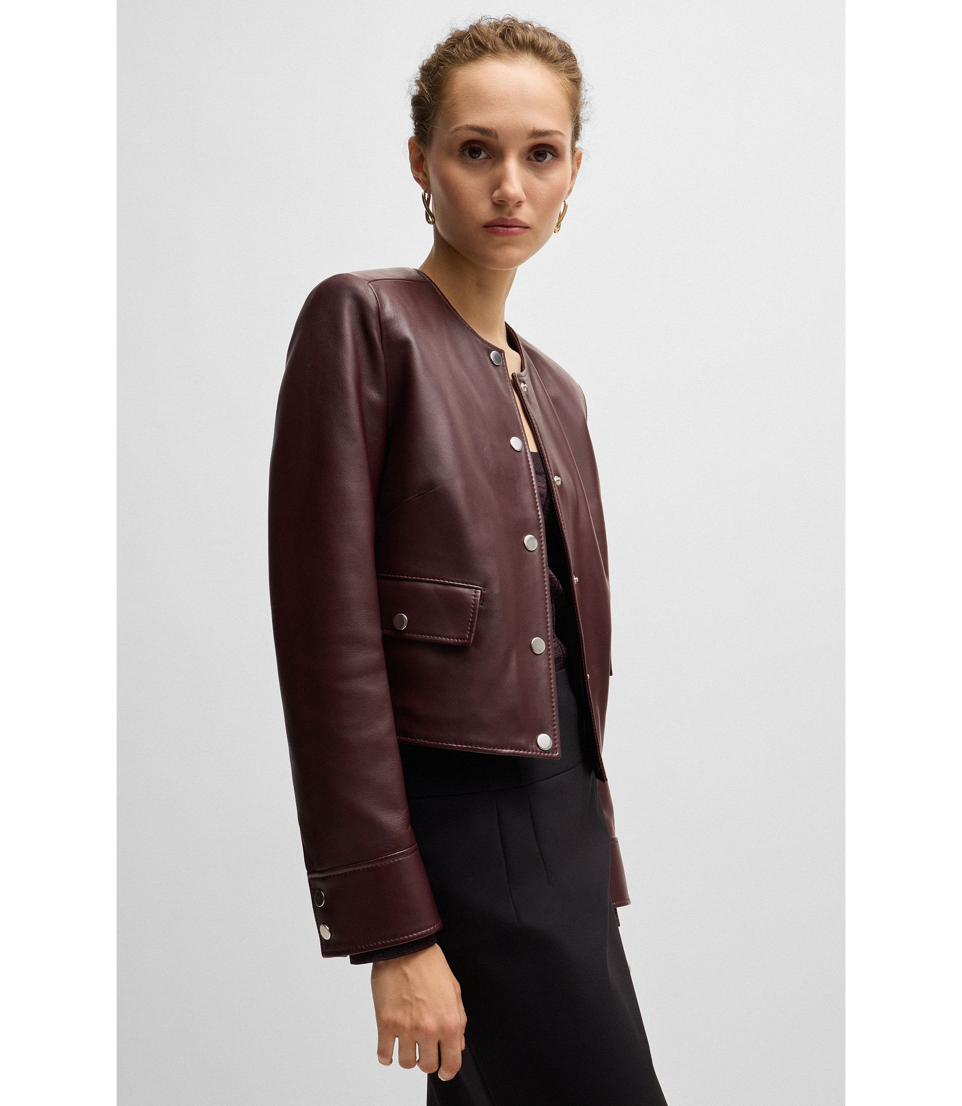 BOSS - レザージャケット メタルスナップボタン - ダークレッド BOSS - レザージャケット メタルスナップボタン - ダークレッド