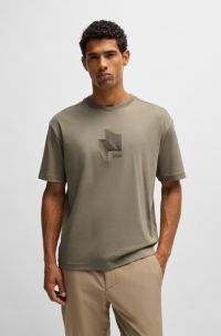 Relaxed-fit T-shirt van interlocked katoen met glanzend artwork, Beige