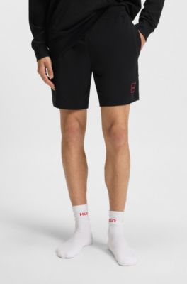 Stretch-cotton shorts with framed logo print, Black