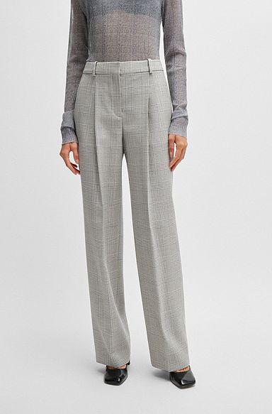 Straight-fit trousers in Glen-check virgin wool, Grey Patterned